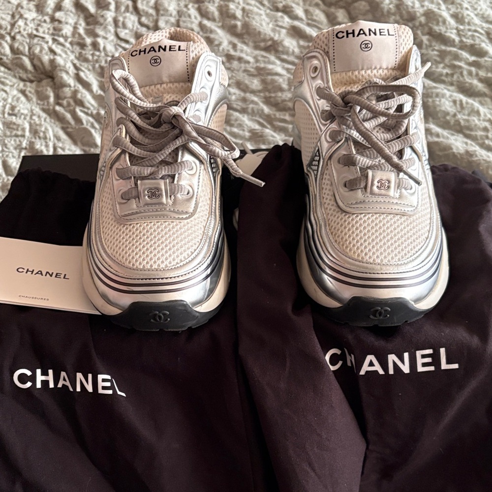 CHANEL White and Silver Women Sneakers